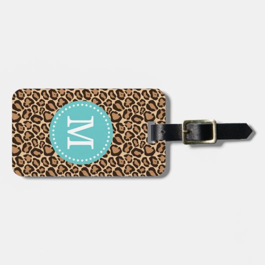 Leopard Print and Türkise Custom Monogram Gepäckanhänger (Vorderseite horizontal)
