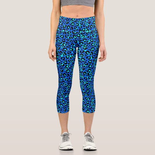 Leopard Print Animal Hautmuster Blau Schwarz Capri Leggings (Vorderseite)