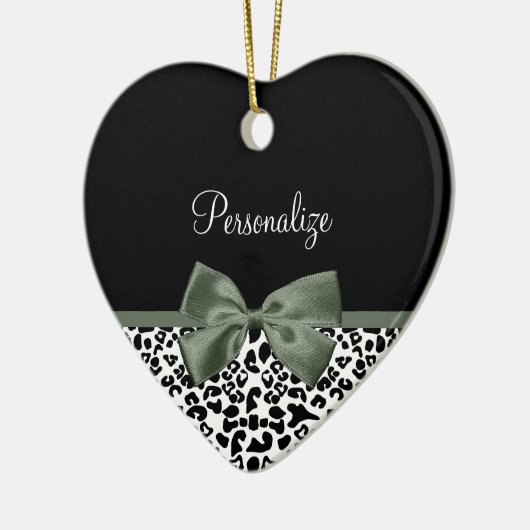 Leopard Print Animal Muster Dunkelgrüner Bow Keramikornament (Links)