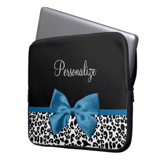 Leopard Print Animal Muster Hübsch Blue Bow Laptopschutzhülle (Vorderseite Links)
