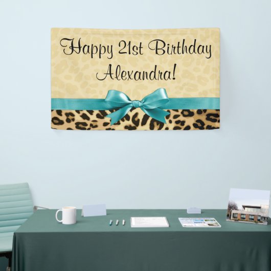Leopard Print Aqua Blue Bow Girls Womens Birthday Banner (Messeveranstaltung)