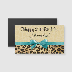 Leopard Print Aqua Blue Bow Girls Womens Birthday Magnetkarte