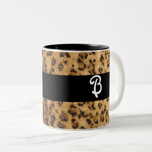 Leopard Print B Monogram Initials Merchandise Zweifarbige Tasse (VorderseiteRechts)