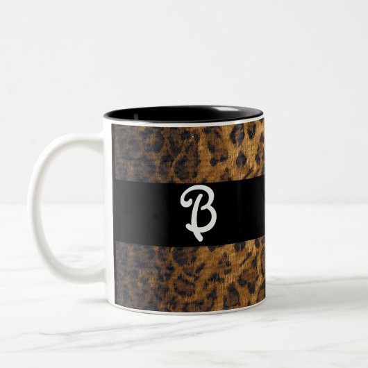 Leopard Print B Monogram Initials Merchandise Zweifarbige Tasse (Links)