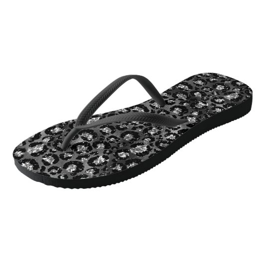 Leopard Print Black and Silver Gray Badesandalen (Schrägansicht)
