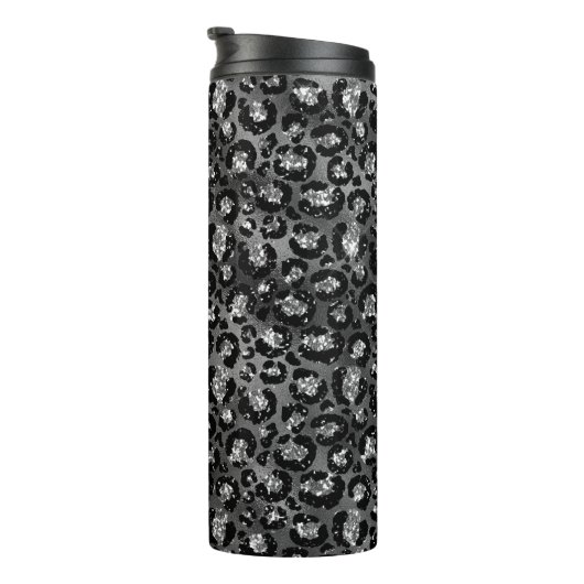 Leopard Print Black and Silver Gray Thermosbecher (Nach rechts gedreht)