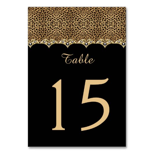 Leopard Print Black Gold and Diamonds Table Cards Tischnummer (Rückseite)