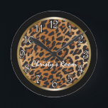 Leopard Print black Gold Personalized Wall Clock Runde Wanduhr<br><div class="desc">Leopard Print black Gold Personalized Wall Clock. Customize with any text.</div>