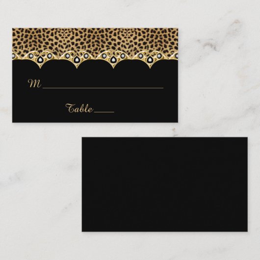 Leopard Print Black mit Gold und Diamanten Platzkarte (Vorne/Hinten)