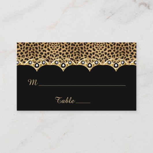 Leopard Print Black mit Gold und Diamanten Platzkarte (Vorderseite)