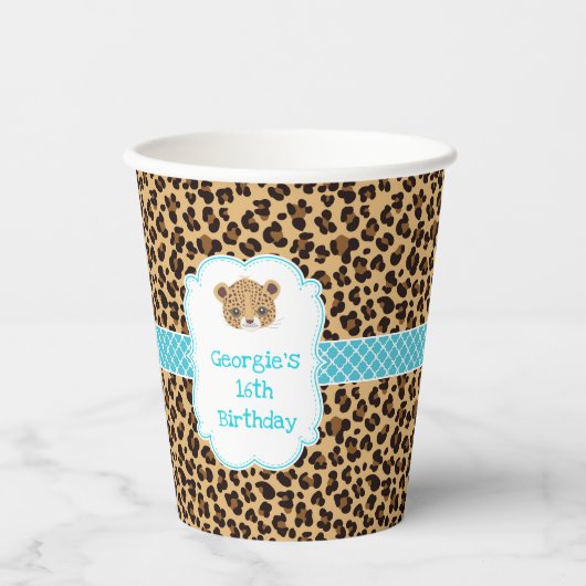 Leopard Print Blue Quatrefolie Geburtstagsparty Pappbecher (Vorderseite)