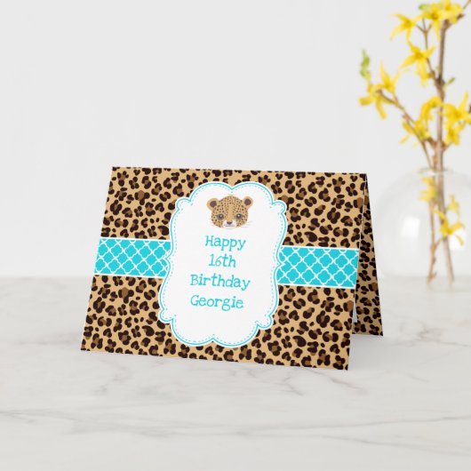 Leopard Print Blue Quatrefolie Karte (Gelbe Blume)