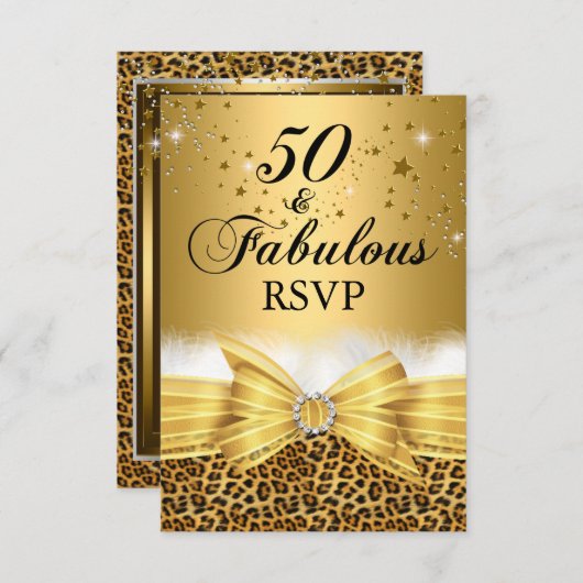 Leopard Print & Bow 50 & Fabulous UAWG Gold RSVP Karte (Vorne/Hinten)