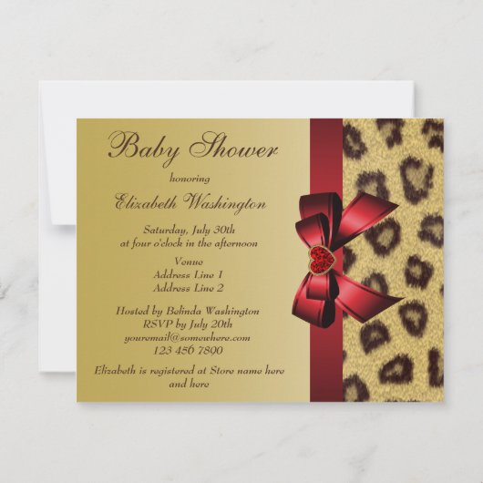 Leopard Print, Bow & Heart Babydusche Einladung (Rückseite)