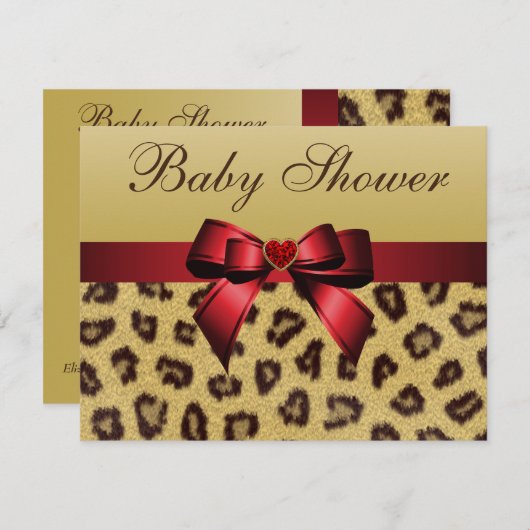 Leopard Print, Bow & Heart Babydusche Einladung (Vorne/Hinten)