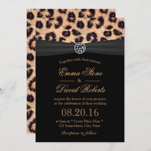 Leopard Print Bright Diamond Black Ribbon Wedding Einladung (Vorne/Hinten)