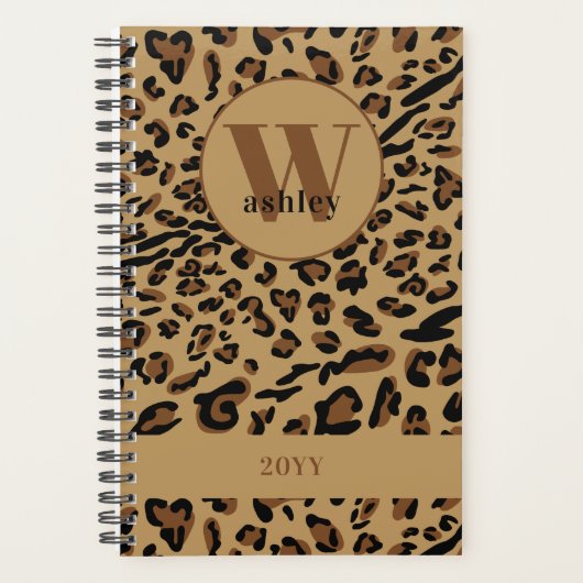 Leopard Print Brown Black Mit Monogramm 2023 Planer (Vorderseite)
