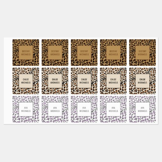 Leopard Print Colour Coded Waterproof Square Name Etiketten (Blatt)