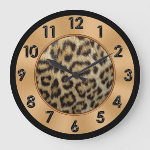 Leopard Print Decor Gold, Schwarz und Tan Farben Große Wanduhr