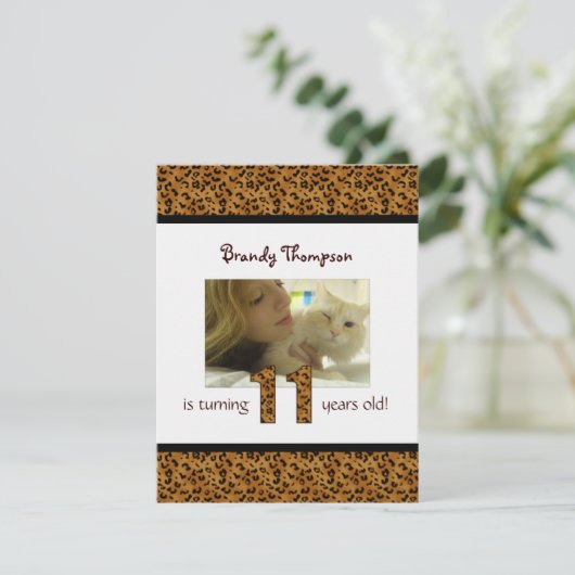 Leopard Print: Einladung zum 11. Geburtstag (Stehend Vorderseite)