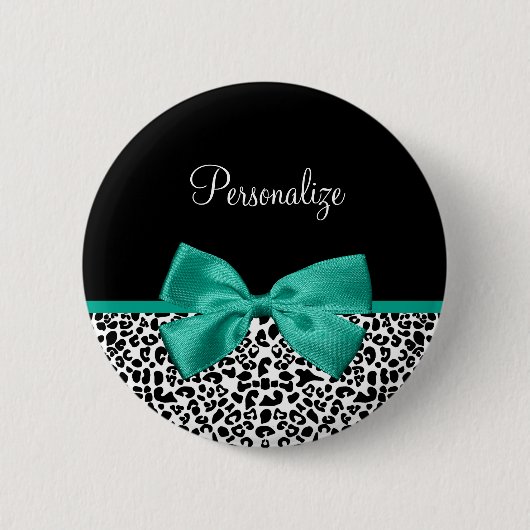 Leopard Print Emerald Green Ribbon Bow Chic Name Button (Vorderseite)