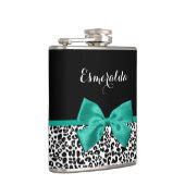 Leopard Print Emerald Green Ribbon Bow Chic Name Flachmann (Rechts)