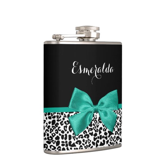 Leopard Print Emerald Green Ribbon Bow Chic Name Flachmann (Rechts)