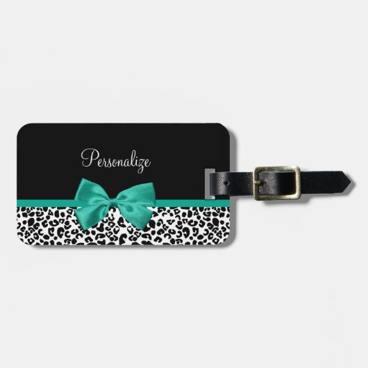 Leopard Print Emerald Green Ribbon Bow Chic Name Gepäckanhänger (Vorderseite horizontal)
