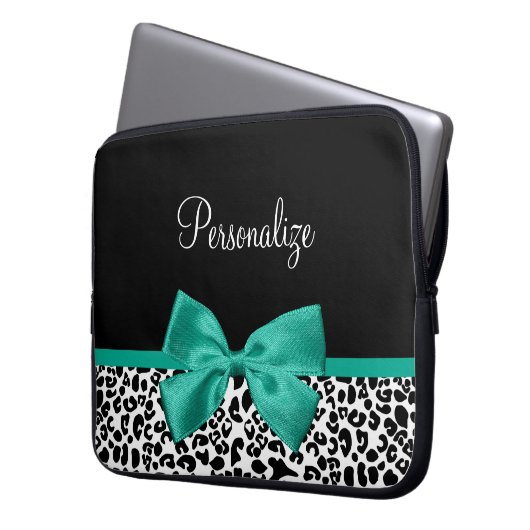 Leopard Print Emerald Green Ribbon Bow Chic Name Laptopschutzhülle (Vorderseite Links)