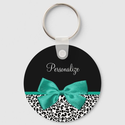 Leopard Print Emerald Green Ribbon Bow Chic Name Schlüsselanhänger (Vorderseite)