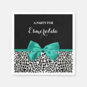 Leopard Print Emerald Green Ribbon Bow Chic Name Serviette