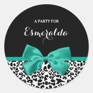Leopard Print Emerald Green Ribbon Bow Party Name Runder Aufkleber