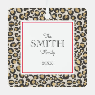 Leopard Print Family Foto Name Jahr Roter Chic Ornament Aus Metall