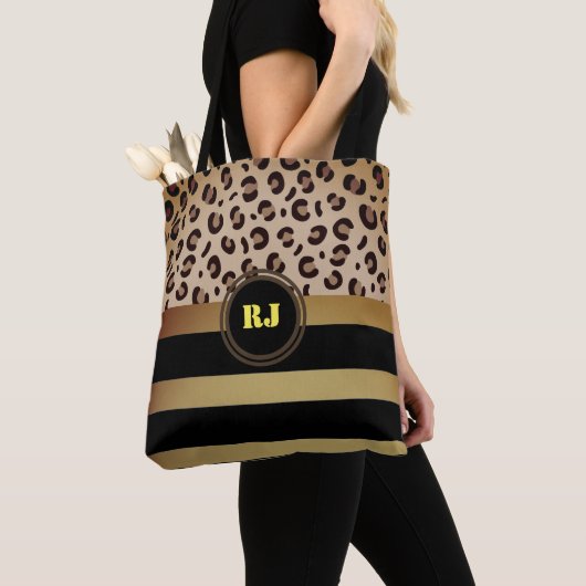 Leopard Print Gold Black Strips Zwei Tone Monogram Tasche (Von Nahem)