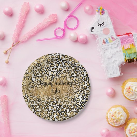 Leopard Print Gold Glitzer Sparkasse Pappteller (Party)