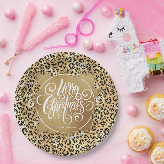 Leopard Print Gold Imitate Foil Frohe Weihnachten Pappteller (Party)