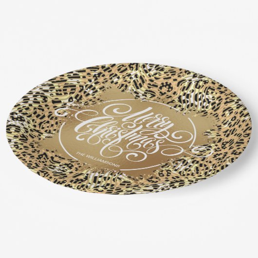 Leopard Print Gold Imitate Foil Frohe Weihnachten Pappteller (Schrägansicht)