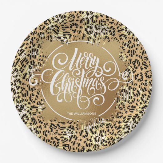 Leopard Print Gold Imitate Foil Frohe Weihnachten Pappteller (Vorderseite)