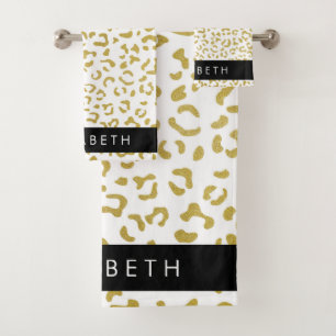 Leopard Print, Gold Leopard, Glitzer, Ihr Name Badhandtuch Set