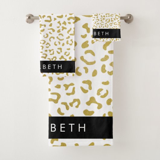 Leopard Print, Gold Leopard, Glitzer, Ihr Name Badhandtuch Set (Insitu)