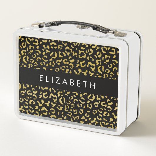 Leopard Print, Gold Leopard, Glitzer, Ihr Name Metall Brotdose (Rückseite)