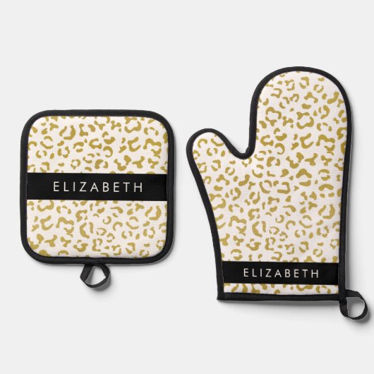 Leopard Print, Gold Leopard, Glitzer, Ihr Name Ofenhandschuh & Topflappen-Set (Vorderseite)