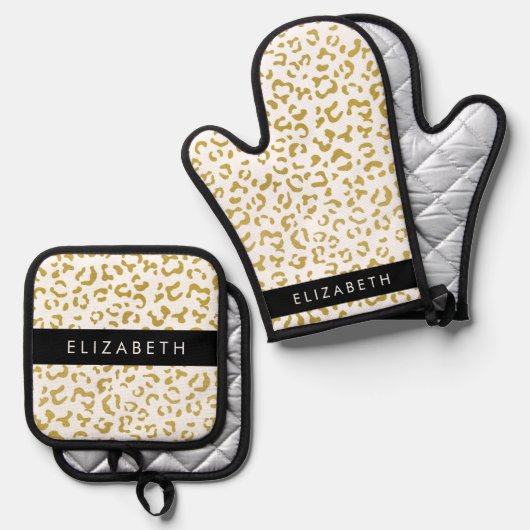 Leopard Print, Gold Leopard, Glitzer, Ihr Name Ofenhandschuh & Topflappen-Set (Vorderseite/Rückseite)