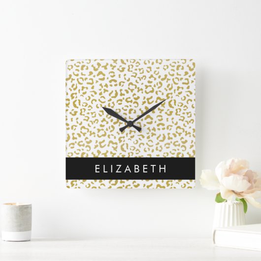 Leopard Print, Gold Leopard, Glitzer, Ihr Name Quadratische Wanduhr (Zuhause)