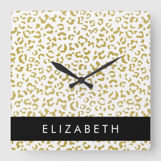Leopard Print, Gold Leopard, Glitzer, Ihr Name Quadratische Wanduhr (Vorderseite)
