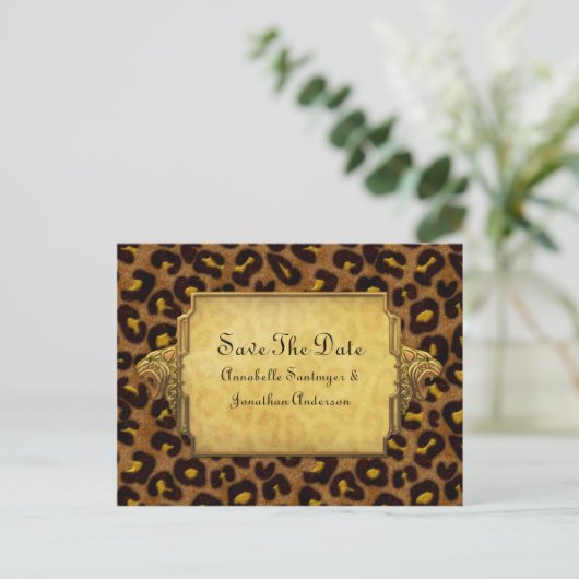 Leopard Print Gold Leopard Heads Save the Date Ankündigungspostkarte (Stehend Vorderseite)
