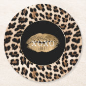 Leopard Print Gold Lips XOXO Runder Pappuntersetzer (Vorderseite)