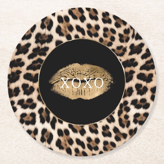 Leopard Print Gold Lips XOXO Runder Pappuntersetzer (Vorderseite)