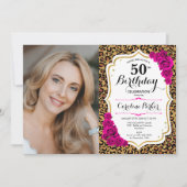 Leopard Print Gold Pink Foto 50. Geburtstag Einladung (Vorderseite)