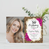 Leopard Print Gold Pink Foto 50. Geburtstag Einladung (Stehend Vorderseite)